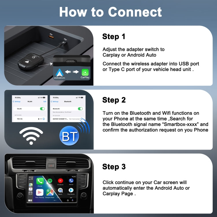 THT-020-9 USB + USB-C Wired to Wireless Carplay / Android device, compact and sleek design for seamless connectivity.